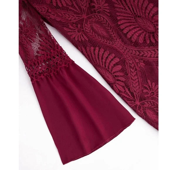 Burgundy Lace Detail Bell Sleeve Bohemian Mini Dress - Picture 9 of 13